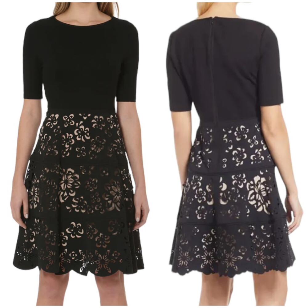 Shani NWT Laser Cut Ponte Fit & Flare Black Nude Dress Size 4 Floral Half Sleeve